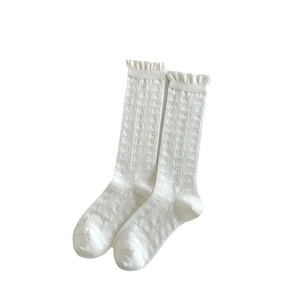 White Lolita style lace socks for girls with heart pattern mesh and ruffled cuffs