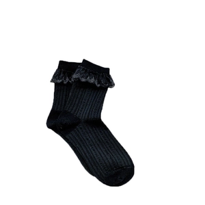 Süße Lolita-Socken in Schwarz mit eleganter Doppelspitze und Rippenstrick-Struktur