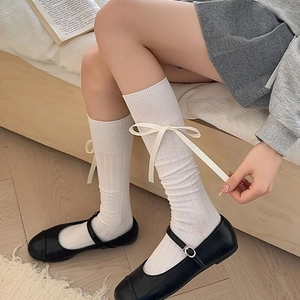 Calf High Socks Women Cotton Ribbed Knit Ribbon Bow Sweet Lolita Japanese JK Style Soft Breathable Elastic Solid Color
