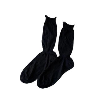 Women's breathable black mesh crew socks with lettuce edge trim and vertical stripes
