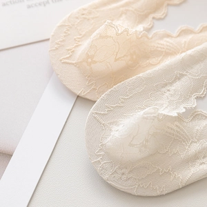 Vue détaillée du bord dentelle festonné et de la texture des chaussettes invisibles fines