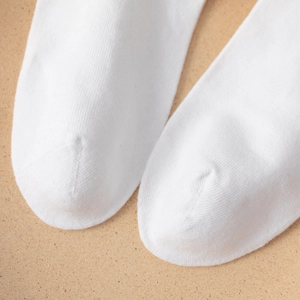 Macro shot of the seamless toe area and fine knitted cotton texture of these white socks