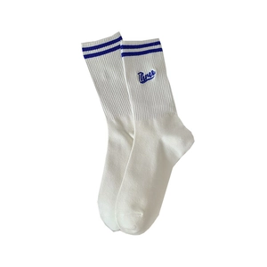 White cotton mid-calf sports socks with blue double stripes and Three embroidery logo