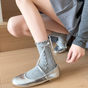 Women Mid-Calf Socks Cotton Ribbed Ruffle Edge Ribbon Bow Sweet Lolita JK Style Plain Color Breathable