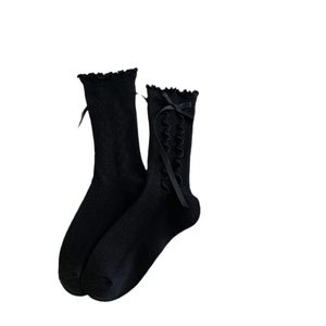 Japanese style black cotton mid-calf socks with ruffle trim and silk ribbon bows