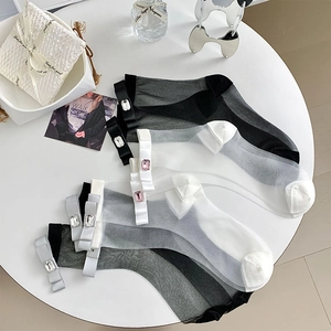 Women Ultra Thin Sheer Mesh Socks With Ribbon Bowknot And Rhinestone Japanese Ballet Style Transparent Crew Socks Sweet