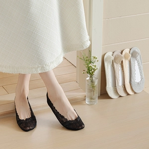 Détail de la texture en dentelle et du bord ondulé des chaussettes invisibles pour femmes