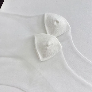 Detail of white sheer thin socks featuring reinforced cotton heel and toe for durability