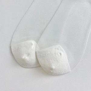 Detailed close-up of reinforced toe design on sheer white ballet style nylon socks