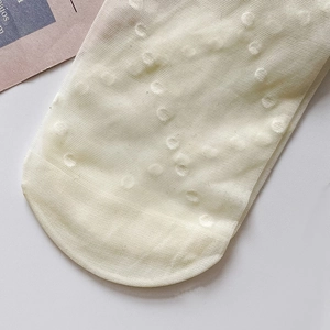 Macro shot of white transparent mesh knee high socks with polka dot pattern and fine texture