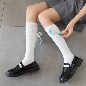 Women Knee High Socks Cotton Blend Butterfly Embroidery Ribbon Lace Up Lolita JK Style Sweet Long Calf Stockings