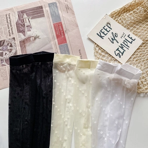 Detail of sheer white polka dot mesh calf socks with light yellow and black options
