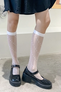 Detail of white semi-transparent polka dot calf socks with platform Mary Jane shoes