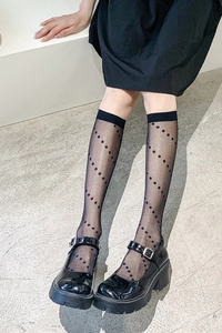 Detail of sheer black polka dot knee-high socks paired with stylish Mary Jane shoes