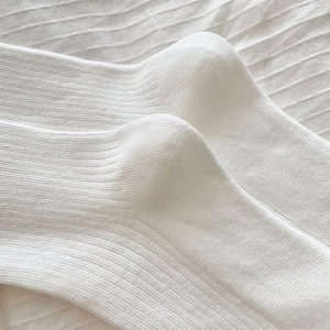 Macro detail of white ribbed knit fabric texture and reinforced heel on knee-high socks