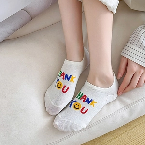 White low-cut cotton liner socks with colorful Thank You letter print and smile face