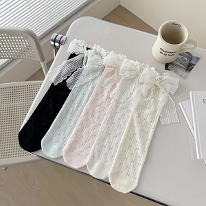 Chaussettes résille douces de style japonais avec nœud en dentelle rose blanc noir