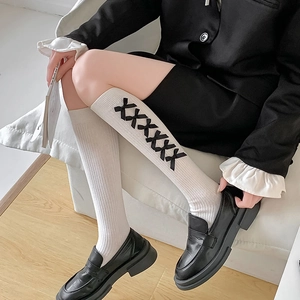 Women Lolita Calf Socks Ribbed Cotton Blend Bowknot Heart Faux Artificial Pearl Japanese JK Style Sweet Knee High Hosiery