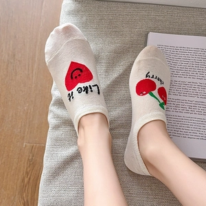 Women's low cut cotton socks featuring cute cherry and red heart embroidery details