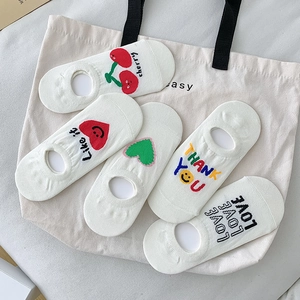 Five pairs of white cotton boat socks featuring cute heart and cherry embroidery details