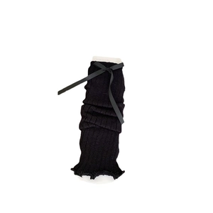 Japanese style black knitted leg warmers with satin bow decoration for women
