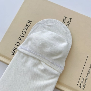 Detail of white cotton invisible socks featuring non-slip silicone heel and double stitching