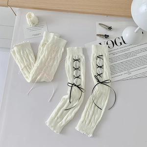 Knitted Arm Warmers Cable Knit Fingerless Gloves With Ribbon Bows Lolita Sweet Winter Long Sleeves For Women