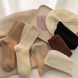 Close-up of thick ribbed knit crew socks in neutral tones on a cozy winter blanket