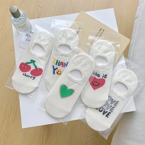Detail of five pairs of white cotton invisible socks with colorful heart patterns and packaging