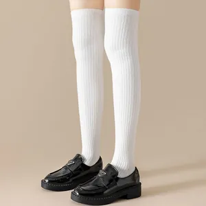 Detail shot of white over-the-knee socks featuring vertical knit texture and elastic cuffs