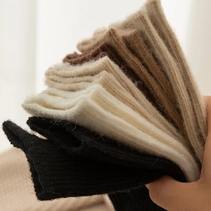 Close-up of thick knitted thermal crew socks in warm earthy tones and soft texture