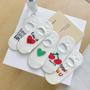 Women Invisible No Show Socks Cotton Low Cut Boat Socks Non Slip Silicone Heel Heart Cherry Smile Pattern Breathable
