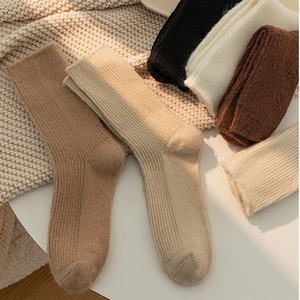 Detailed view of thick ribbed thermal crew socks in earthy colors for winter warmth