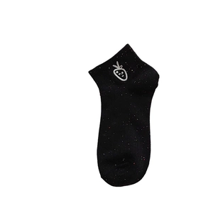 Black speckled knit short socks featuring cute strawberry smiley face embroidery detail