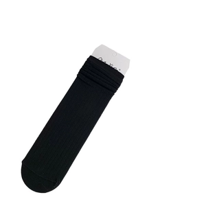 Black crew socks with vertical ribbed knit texture and white brand tag on white background