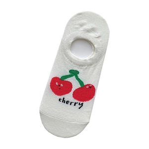 White cotton low cut liner socks with cute cherry embroidery and non-slip silicone heel