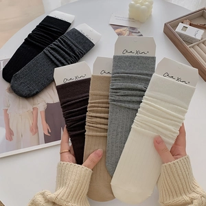 Detailed knit texture and color options of ribbed slouch socks with tags