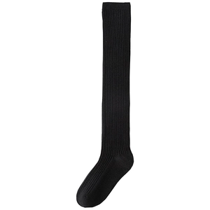 Black over-the-knee socks with vertical ribbed knit texture on a plain white background