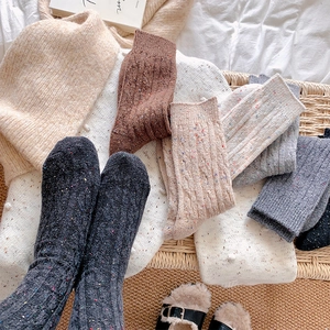 Detailed texture of thick confetti yarn socks with classic vertical ribbed knit patterns