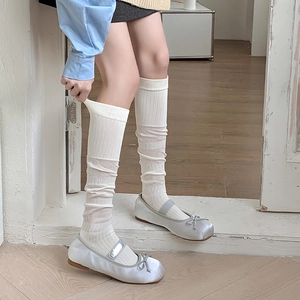 Chaussettes Mollet En Coton Côtelé Pour Femmes Hautes Genou Unicolore Style Ballet Japonais Respirant Confortable
