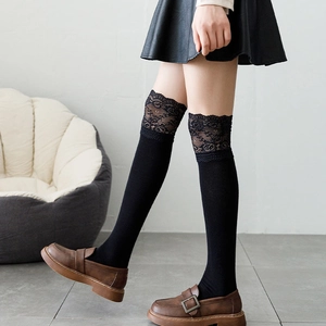 Japanese style black over-knee socks with sweet lace trim detailing and lolita design