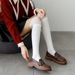 Women Lolita Over The Knee Socks Cotton Knit With Wide Lace Trim Sweet Japanese Academy Style Breathable Stockings
