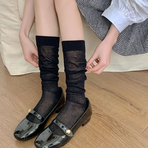 Japanese style black mesh calf socks with Mary Jane shoes for a retro school look