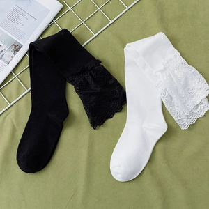 Detail of sweet Lolita style socks with wide lace trim in classic black and white colors