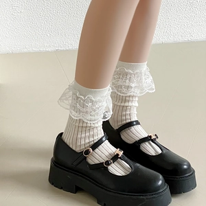 Chaussettes À Dentelle Pour Femmes Style Lolita Coton Côtelé JK Doux Mi-Mollet Couleur Unie Respirant Mode Confortable