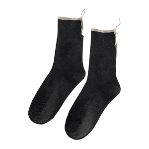 Dark grey ribbed crew socks with drawstring cuff and contrasting edge detail