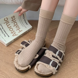 Solid color Japanese JK style slouch socks with plush buckled indoor slippers