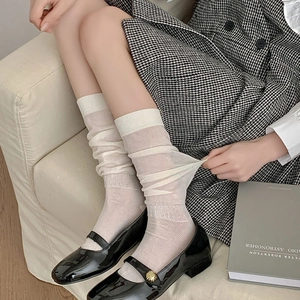 Detail of white mesh calf socks with delicate lace texture and ribbed cuff design