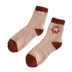Plush coral fleece mid-calf socks with brown bear embroidery and color block design