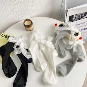 Chaussettes Mi-Mollet Douce Lolita avec Nœud et Dentelle pour Femmes en Coton Côte Style Japonais JK Princesse Mode
